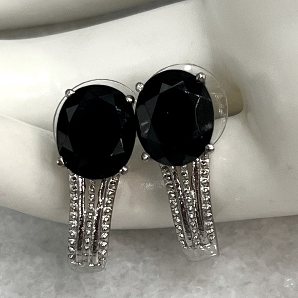 Thai Black Spinel Silver J Hoop Earrings